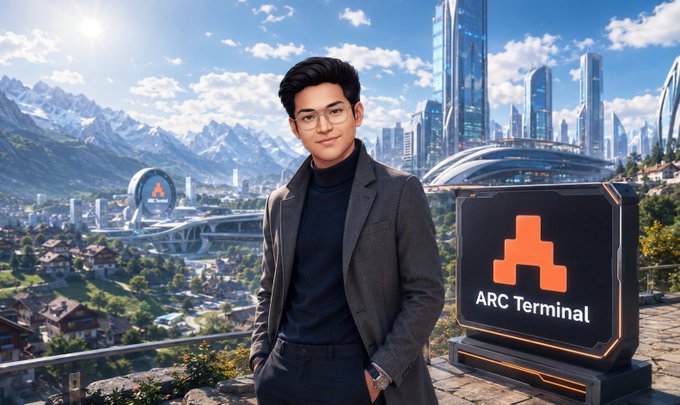 A young man in a dark blazer and turtleneck stands beside an "ARC Terminal" sign, with a futuristic cityscape and snow-capped mountains in the background.