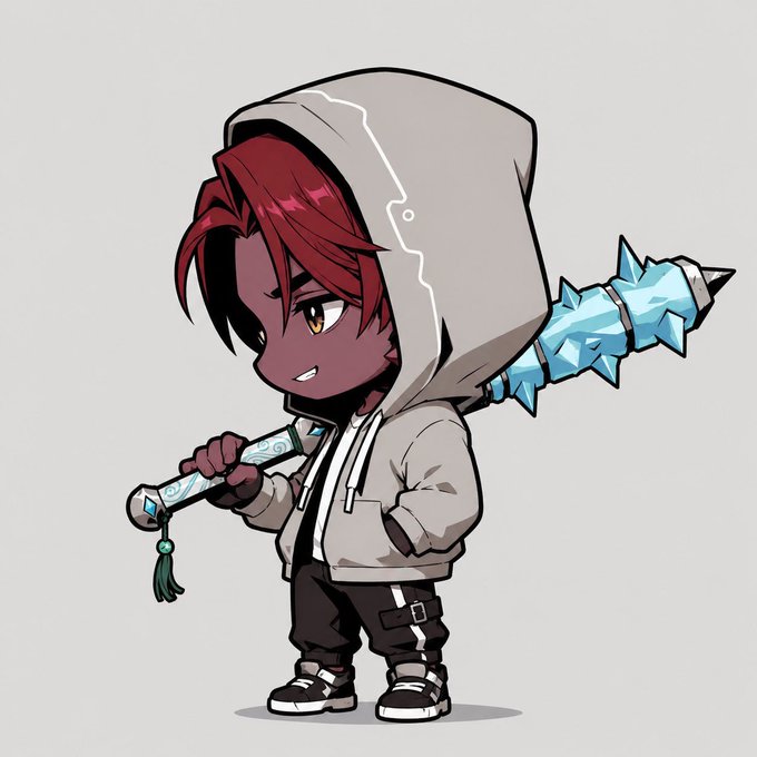 A 2D digital illustration of a chibi-style character with dark skin, red hair, wearing a grey hoodie and holding an icy blue spiked mace.