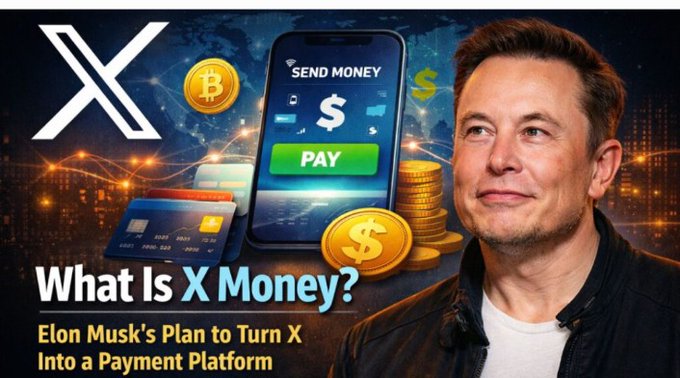 The image features Elon Musk alongside the X logo, a smartphone displaying a "SEND MONEY" interface with a "PAY" button, credit cards, gold coins, and Bitcoin symbols, promoting the headline "What Is X Money? Elon Musk's Plan to Turn X Into a Payment Platform." It visually represents the post's discussion of Musk's vision to transform X into a comprehensive financial super app with integrated crypto payments like BTC and ETH.
