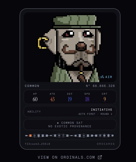A pixel art card from Ordinals.com featuring a dog soldier character (likely a Schnauzer in military attire) with stats HP 60, ATK 43, DEF 19, SPD 18, CRT 9, labeled "COMMON" and numbered #88,866,326, tagged as "AIR" rarity with the "Initiative" ability. The card relates to the post about an upcoming Ordinals project, with the creator teasing a whitelist release and special beta for existing Ordinals holders.