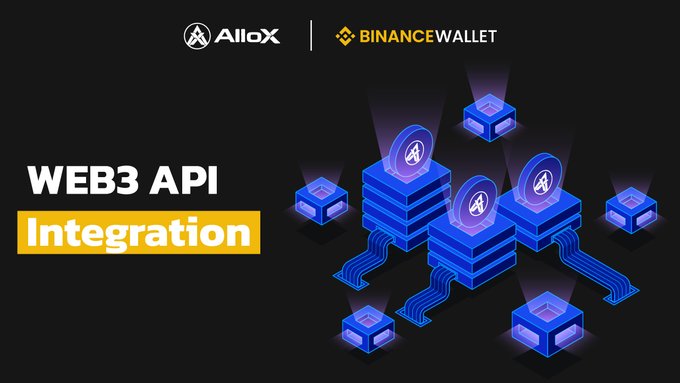 Promotional graphic for AlloX and Binance Wallet announcing 'WEB3 API Integration', featuring blue 3D cube and coin graphics against a black background.