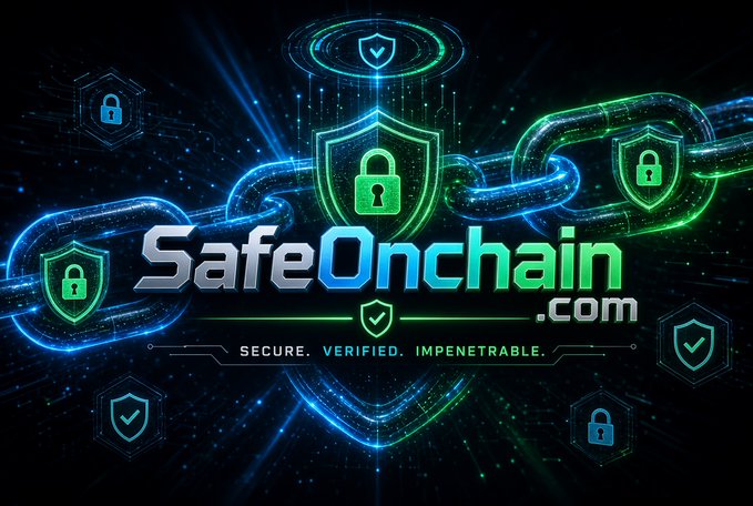A digital graphic for 'SafeOnchain.com' with the tagline 'SECURE. VERIFIED. IMPENETRABLE.', featuring glowing neon blue and green padlocks and shields.