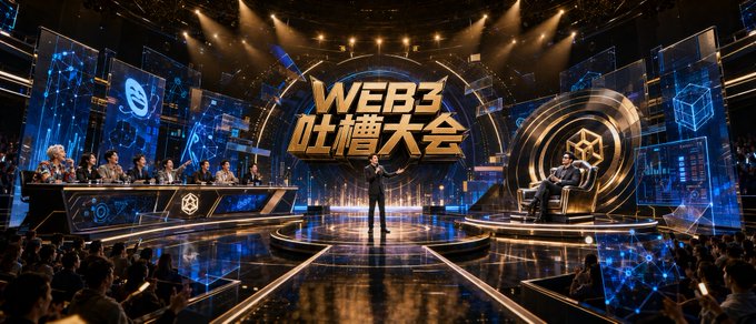 A futuristic stage with neon blue lighting and digital displays, featuring a large golden sign reading 'WEB3 吐槽大会' (Web3 Roast Conference), with a panel of judges seated on the left and a performer sitting on a throne on the right.