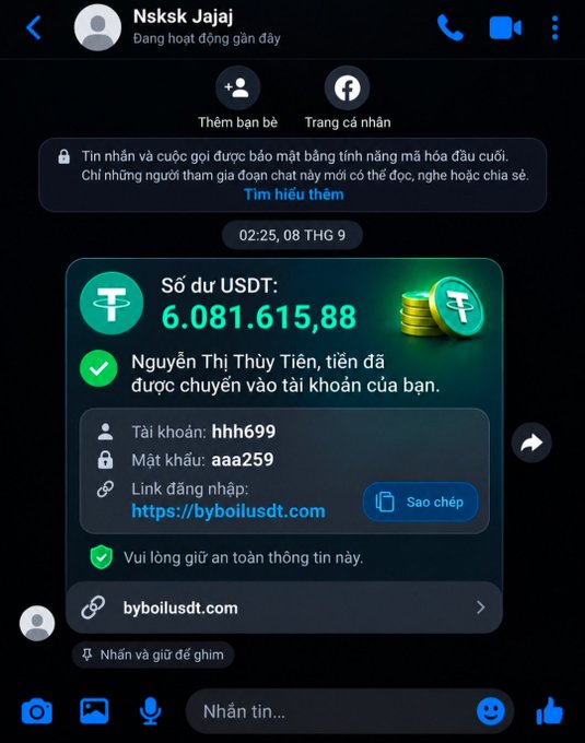 A Facebook Messenger screenshot showing a message from 'Nskk Jajaj' displaying a USDT balance of '6.081.615,88' with account credentials ('Tài khoản: hhh699', 'Mật khẩu: aaa259') and a link to 'byboilusdt.com'.