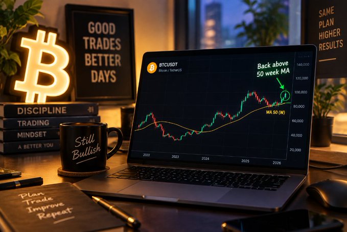 A trader's desk setup featuring a laptop displaying a BTCUSDT chart labeled 'Back above 50 week MA' with bullish market messaging including 'GOOD TRADES BETTER DAYS' and a 'Still Bullish' coffee mug.