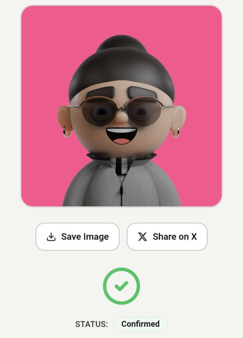 A 3D avatar with a top bun, sunglasses, and gray hoodie is displayed on a pink background, with "Save Image" and "Share on X" buttons below, showing a "Confirmed" status—representing a successfully minted custom avatar from customizer.onefootballclub.com.