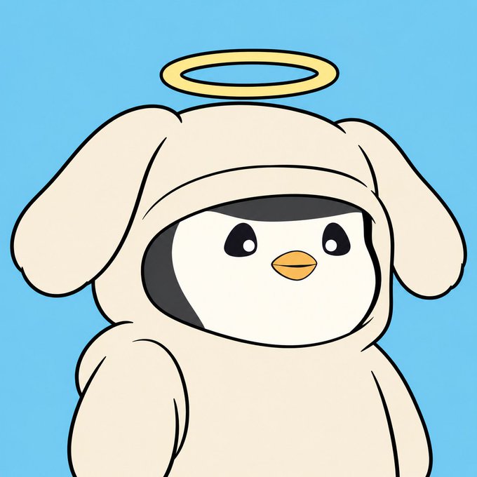 Digital illustration of a cute penguin character wearing a white bunny-eared hoodie and a golden halo against a light blue background.