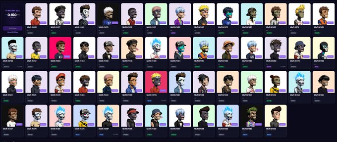 A grid display of NFT avatar profiles, each featuring a unique stylized character illustration with an associated 'NEW PLACE' label and a price of approximately '0.150 ETH'.