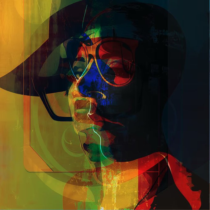 A vibrant digital portrait uses overlapping layers of blue, red, yellow, and green to depict a person wearing a helmet, goggles, and glasses.