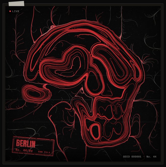 A red and black topographic-style illustration of a skull-like face with swirling contour lines, labeled 'BERLIN No. 44/99', 'SEED 000001 No. 44', and marked 'LIVE'.