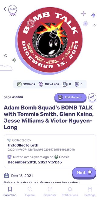 A mobile app screenshot showing an NFT drop titled "Adam Bomb Squad's BOMB TALK with Tommie Smith, Glenn Kaino, Jesse Williams & Victor Nguyen-Long," collected by th3collector.eth, featuring a bomb graphic with "DECEMBER 15, 2021".
