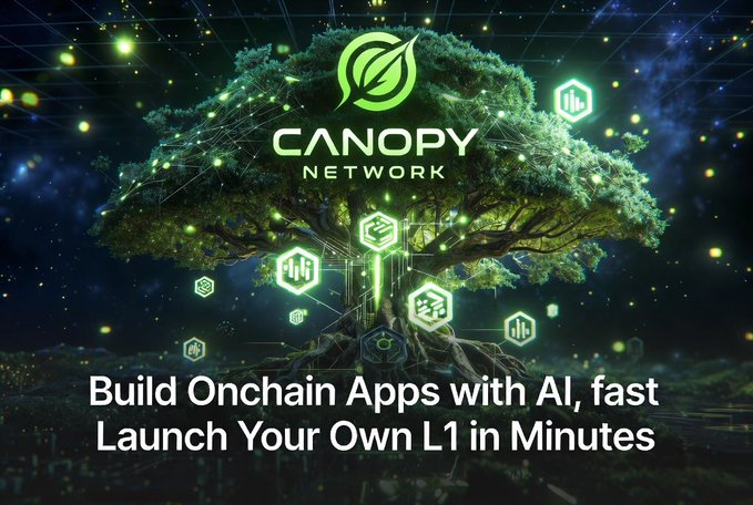 A promotional graphic for 'CANOPY NETWORK' featuring a glowing digital tree with blockchain icons, advertising 'Build Onchain Apps with AI, fast — Launch Your Own L1 in Minutes'.