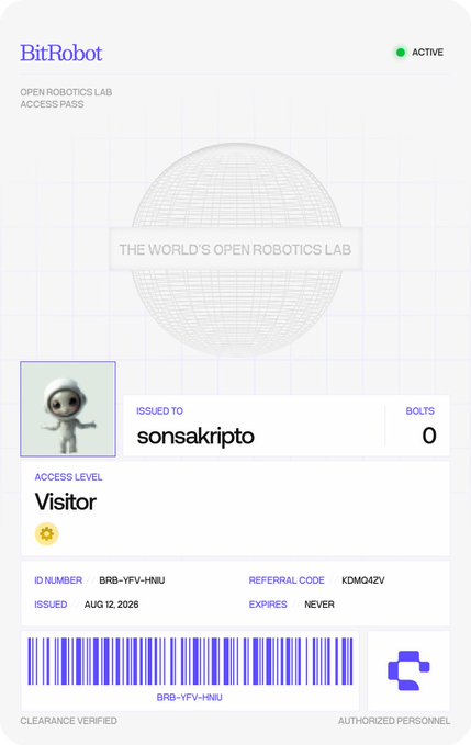A digital access pass from 'BitRobot - THE WORLD'S OPEN ROBOTICS LAB' issued to 'sonsakripto' with a Visitor access level, showing a barcode, ID 'BRB-YFV-HNIJ', and issued date of August 12, 2026.