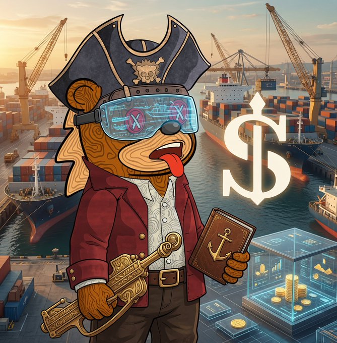 Stylized illustration of a pirate-themed dog character wearing VR goggles, holding a key and an anchor book, with a large dollar sign and shipping port in the background.