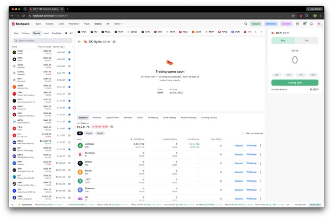 Screenshot of a Backpack Exchange trading interface showing a 'Trading opens soon' message for the SK Hynia (SKHY) token, scheduled to open on Jul 02, 2026.