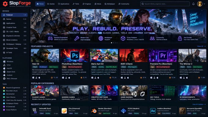 The image shows the SlopForge website homepage, a community-driven client platform for classic games, tools, and creative software featuring projects like Halo CE, PhotoShop, Mario Kart 64, and Premiere Pro with download counts ranging from 8.7K to 12.4K. The post's caption about "Reverse Engineering cannot be stopped" aligns with the site's tagline "PLAY, REBUILD, PRESERVE" and its emphasis on community clients for modernizing classic games and software.