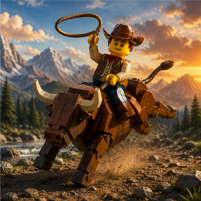 A LEGO cowboy minifigure with a brown hat and lasso riding a block-built brown bull/bison in a mountainous landscape at sunset.