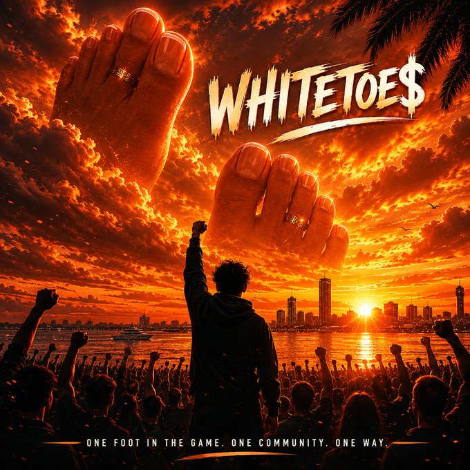 The image features a poster for "WhiteToes" with a crowd of people gathered around, some holding up their feet as if they are raising money or supporting the movement. The poster also includes text that reads "ONE FOOT IN THE GAME. ONE COMMUNITY. ONE WAY." This suggests that the poster is promoting an event or campaign related to the "WhiteToes" movement, possibly a fundraiser for a cause or awareness about a particular issue.