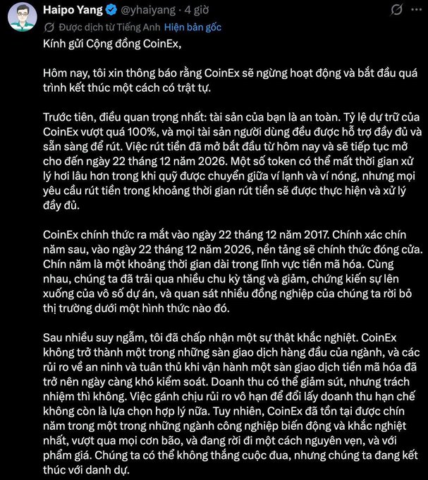 A tweet by Haipo Yang (@yhaiyang) announces CoinEx's orderly shutdown, stating that user funds remain 100% backed and withdrawals are open until December 22, 2026, with the platform officially closing exactly nine years after its December 22, 2017 launch. The accompanying commentary reflects on how even an established exchange like CoinEx is shutting down, underscoring the harsh realities of running a crypto trading platform long-term.