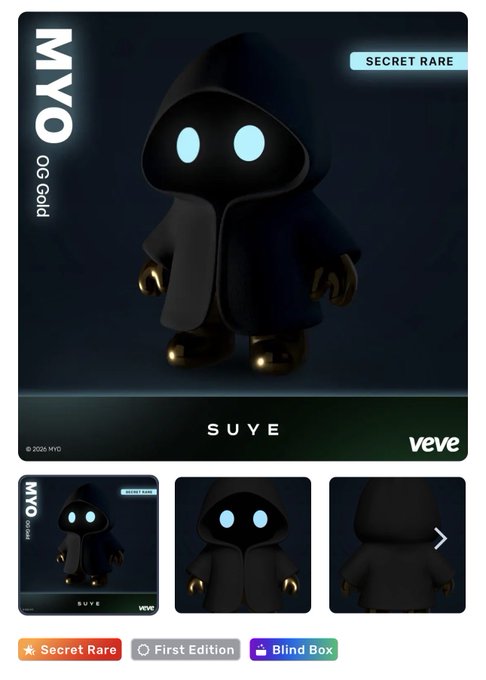 The image features an advertisement for MYO! Oc Gold, which is a 3D rendering of a character with blue eyes wearing a hooded robe. The character appears to be standing against a dark background, possibly a night sky or a cave-like setting. There are three different images of the character displayed in the post: one as a full-size model, another as a 3D rendering, and the third as an illustration on a website.