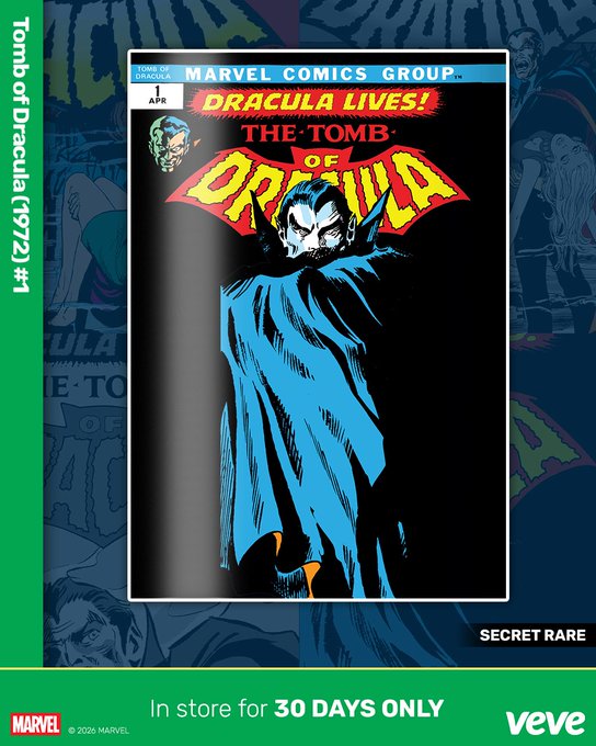 A promotional graphic for VeVe's digital collectible release of Marvel Comics' "Tomb of Dracula (1972) #1," featuring the iconic comic book cover art of Dracula in his blue cape with text indicating it will be available in a blind box waitlist format, labeled "SECRET RARE" and "In store for 30 DAYS ONLY."