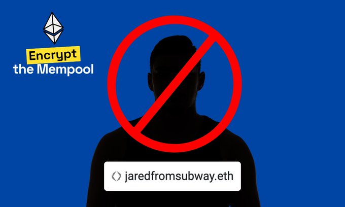 The image features a silhouette of a person covered by a red prohibition symbol, with "Encrypt the Mempool" text in the top left and "jaredfromsubway.eth" displayed below, visually representing the call to stop the well-known MEV front-running bot by supporting Shutter's effort to encrypt Ethereum's mempool.