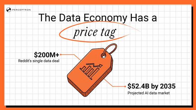 An infographic from 'PERCEPTRON' titled 'The Data Economy Has a price tag,' noting 'Reddit's single data deal' at '$200M+' and a 'Projected AI data market' of '$52.4B by 2035'.