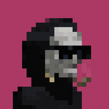 A highly pixelated, low-resolution image showing a character with a white cap and beard against a solid pink background.