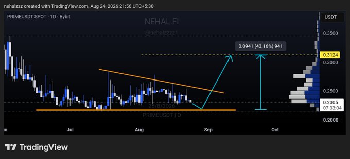 A TradingView chart of PRIMEUSDT shows the price compressing under a descending trendline near $0.2305 support, with a projected breakout target of $0.3124 (43.16% upside), visually confirming the post's analysis of PRIME's potential bullish setup toward the highlighted $0.3124 level by October.