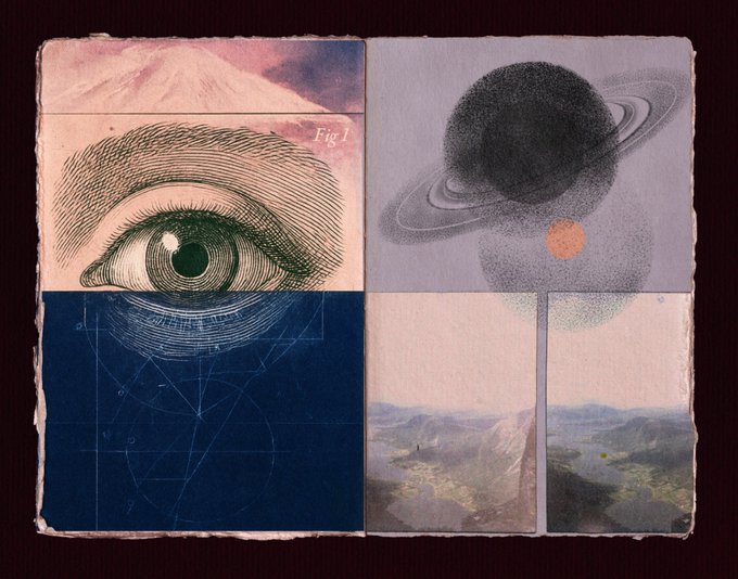 A vintage-style collage features a large illustrated eye labeled "Fig 1" set against a mountain landscape, alongside a planet resembling Saturn, geometric diagrams on blue paper, and a desert canyon scene, all arranged in a grid with weathered, torn edges. The artwork visually echoes the post's poetic theme of planets existing within our perception, blending celestial imagery with human introspection and natural vistas.