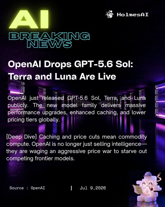 A graphic from HolmesAI's "AI Breaking News" announces OpenAI's release of GPT-5.6 Sol, Terra, and Luna on July 9, 2026, highlighting performance upgrades, enhanced caching, and lower pricing tiers as part of an aggressive price war against competing frontier models. The post's commentary on OpenAI flooding the market aligns with the article's "Deep Dive" framing of caching and price cuts turning AI compute into a commodity.