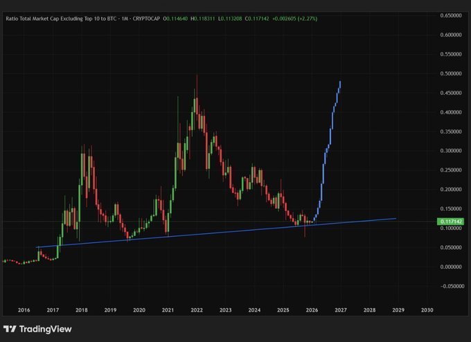 A TradingView candlestick chart titled 'Ratio Total Market Cap Excluding Top 10 to BTC' displaying CRYPTOCAP data with current values of O:0.114640, H:0.118311, L:0.113208, C:0.117142 (+0.002605, +2.27%), showing price action from 2016 to projected 2030.