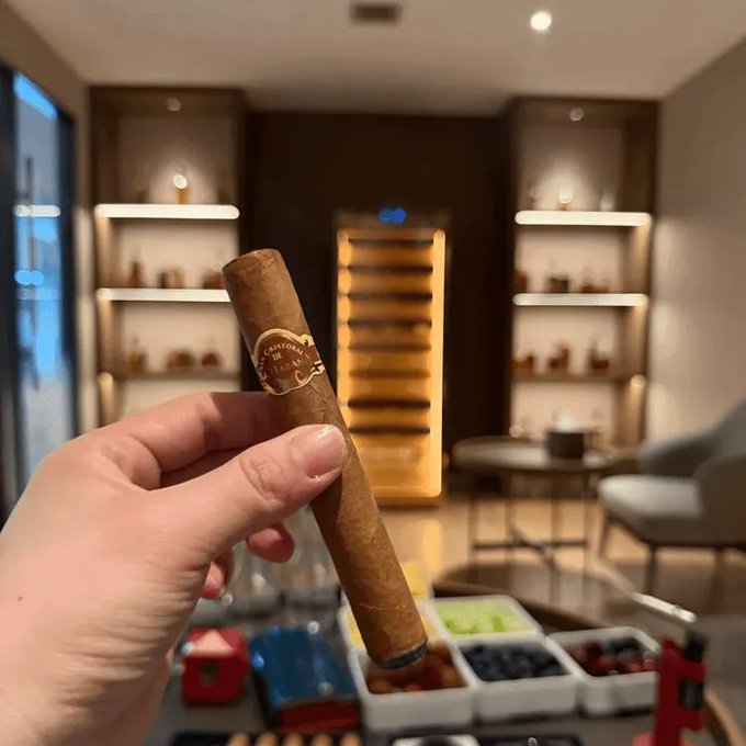 A hand holds a cigar with a "Diplomático" band in the foreground, set against a blurred lounge with illuminated shelves and a tray of fruit in the background. The cigar's relaxed, leisurely vibe contrasts with the post's message, which urges a disciplined, systematic approach to crypto trading rather than chaotic strategy-hopping—suggesting that methodical execution replaces restless tinkering.