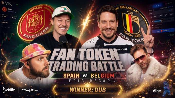 The image promotes a "Fan Token Trading Battle: Spain vs Belgium" recap, declaring "Winner: Dub" and featuring influencers like Dub and SamSteffanina, along with logos for Chiliz, BattleTrade, and Vibe, alongside a trading chart highlighting the SPAIN fan token.