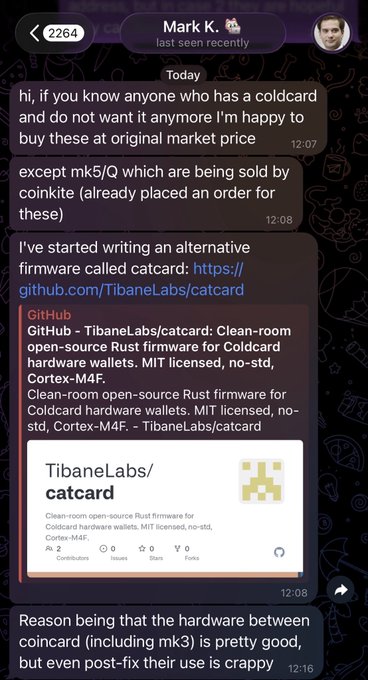 Screenshot of a Telegram conversation with "Mark K." showing he is offering to buy Coldcard hardware wallets at original market price, except MK5/Q models sold by Coinkite, and has begun developing alternative firmware called "catcard" (TibaneLabs/catcard on GitHub).