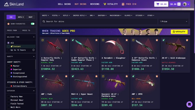 A screenshot of the SkinLand marketplace website showing various weapon skins for sale, including a Butterfly Knife, ST Butterfly Knife, Karambit Slaughter, and AK-47 Gold Arabesque, with prices ranging from $887.54 to $2423.63.