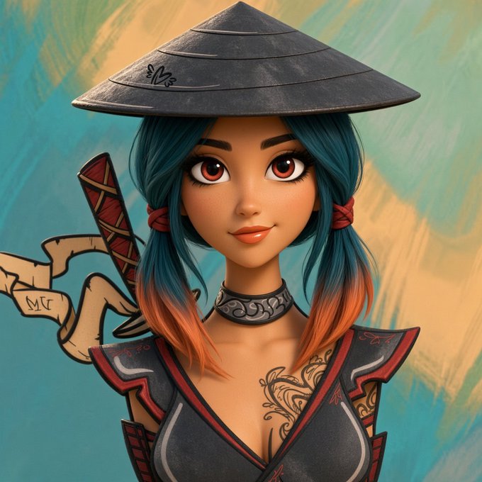 A 3D animated illustration of a female character with teal and orange hair wearing a traditional Asian-style conical hat and warrior outfit, with a sword on her back.