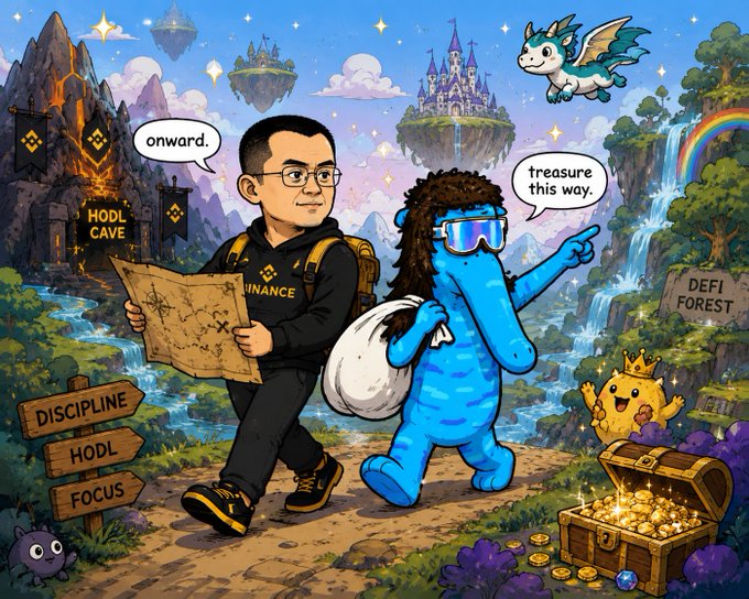 A cartoon illustration of CZ (Binance founder) holding a treasure map saying 'onward,' walking alongside a blue furry character pointing toward treasure, with signs reading 'HODL CAVE,' 'DISCIPLINE HODL FOCUS,' 'DEFI FOREST,' and a castle in the background.