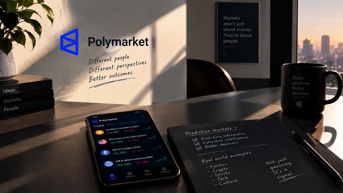 A promotional image for Polymarket featuring the tagline "Different people. Different perspectives. Better outcomes," with a phone displaying the app, a mug, and a notebook listing features like "Real-time information" and "Collective intelligence."