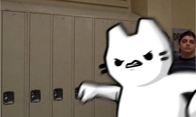 A cartoon cat character with an angry expression stands in front of a row of school lockers, while a young man in a striped shirt looks on from the background. The "gm gm" post fits the casual internet greeting vibe, likely shared as a lighthearted morning meme featuring the iconic grumpy cat-like figure.