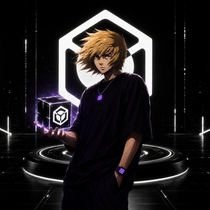 An anime-style illustration of a character with spiky blonde hair in dark clothing, holding a glowing purple cube, with a hexagonal logo in the background.