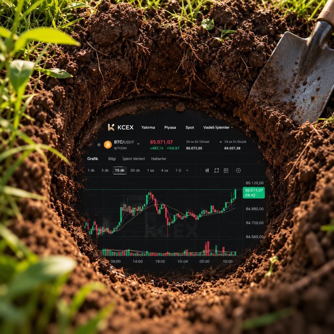 A surreal composite image showing a KCEX cryptocurrency trading interface (BTC/USDT at 85,071.07) displayed inside a freshly dug hole in the dirt, with a shovel visible on the right side.