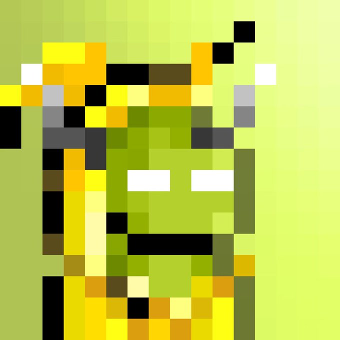 A pixel art image depicting a green, horned character resembling Loki or a similar fantasy figure, set against a solid green background.