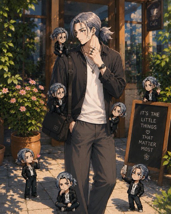 Anime-style illustration of a silver-haired man in a black jacket surrounded by multiple chibi versions of himself, with a cafe sign and a chalkboard reading 'It's the little things that matter most.'