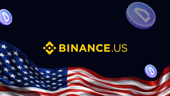 The image displays the Binance.US logo prominently against a dark background, featuring an American flag waving across the bottom and digital coin icons floating around, visually reinforcing the post's announcement about the $WOD token being listed on Binance.US and entering the regulated U.S. crypto market.