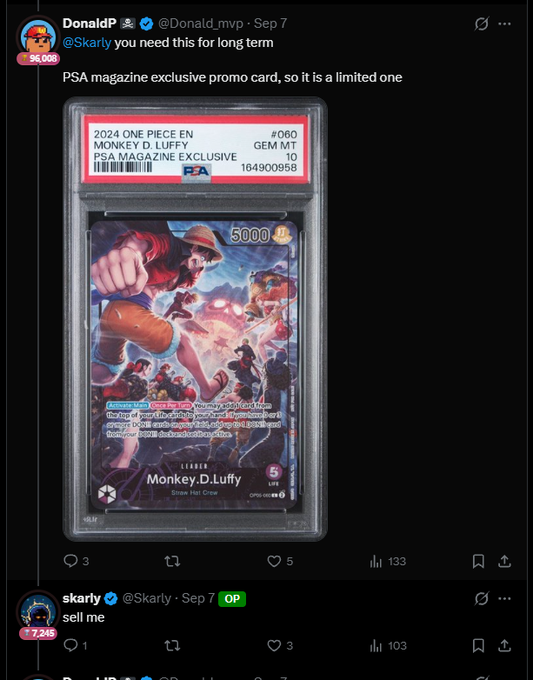 A tweet from DonaldP (@Donald_mvp) featuring a PSA-graded 10 GEM MT One Piece 'Monkey D. Luffy' promo card, with skarly replying 'sell me'.