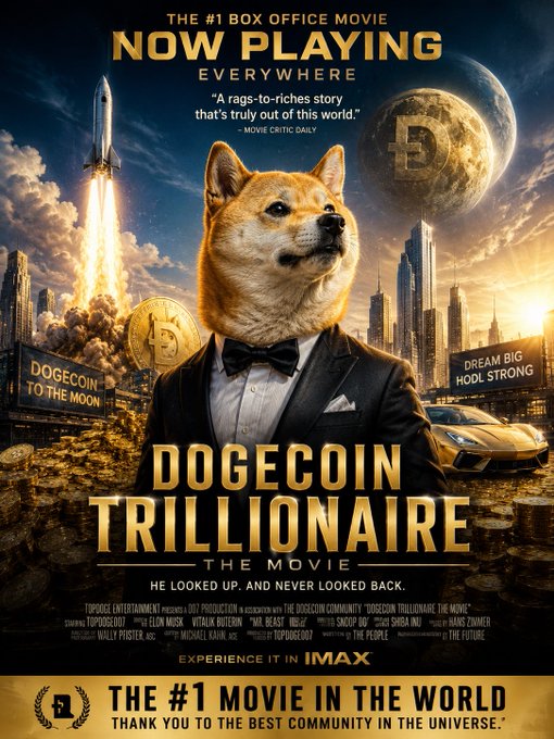 The image features a poster for a movie called "Dogecoin Trillionaire". It shows a dog dressed as a businessman wearing a suit and tie, standing next to a car with the words "DOGE Coin" written on it. The poster also includes text that reads "The #1 Box Office Movie Now Playing Everywhere", which suggests that this movie is currently playing in theaters or being released online.