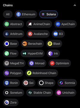 A mobile app interface showing a list of cryptocurrency 'Chains' with Ethereum and Solana selected, including Abstract, ApeChain, Avalanche, Base, and Zora.