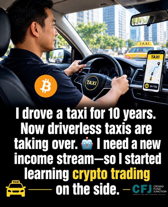 A promotional graphic featuring a taxi driver with text reading 'I drove a taxi for 10 years. Now driverless taxis are taking over. I need a new income stream—so I started learning crypto trading on the side.' alongside a Bitcoin logo and 'CFJ Crowd Fund Junction' branding.