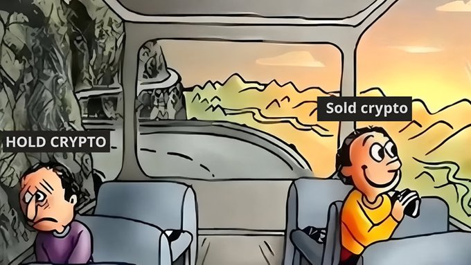 A cartoon meme showing two people in a car: a sad 'HOLD CRYPTO' person looking out at a bleak cave, and a happy 'Sold crypto' person looking out at a sunny, warm landscape.